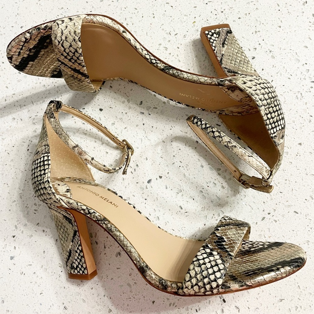 Antonio Melani Women’s Snakeskin Print Leather Ankle Strap Heels Size 8.5M
